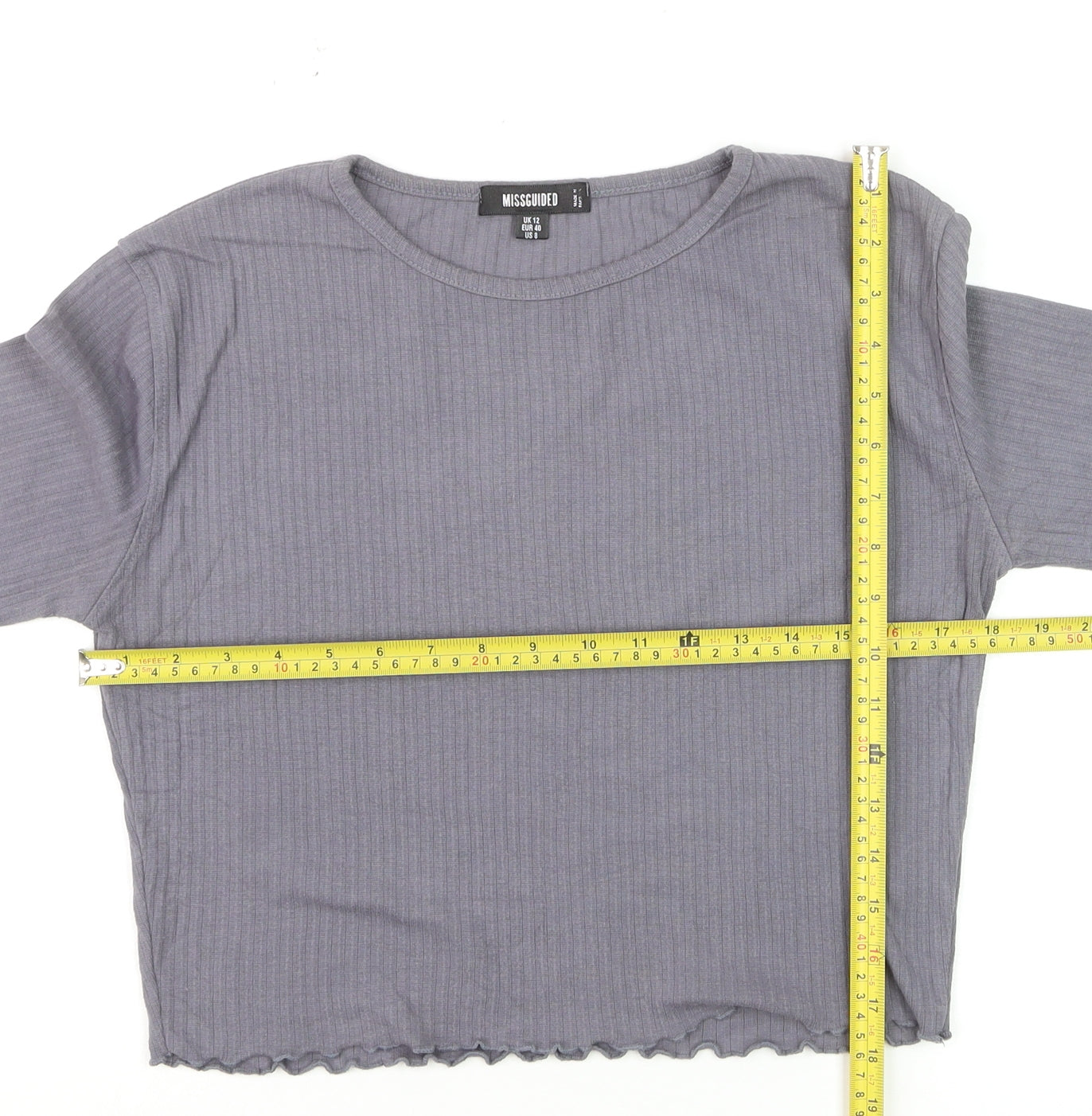 Missguided Womens Grey Size 12 Cropped Long Sleeve Ribbed Top