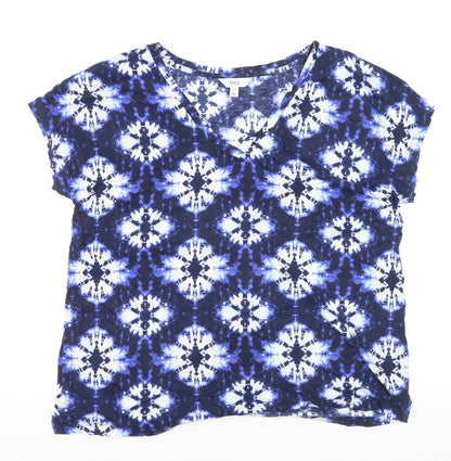 Marks and Spencer Women's Blue Geometric V-Neck Jersey T-Shirt Size 14