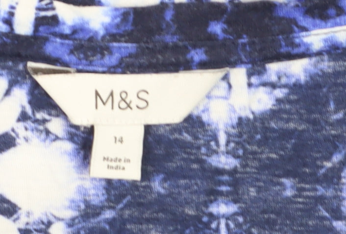 Marks and Spencer Women's Blue Geometric V-Neck Jersey T-Shirt Size 14
