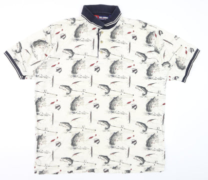 Reel Legends Men's Beige Fishing Print Cotton Polo Shirt L