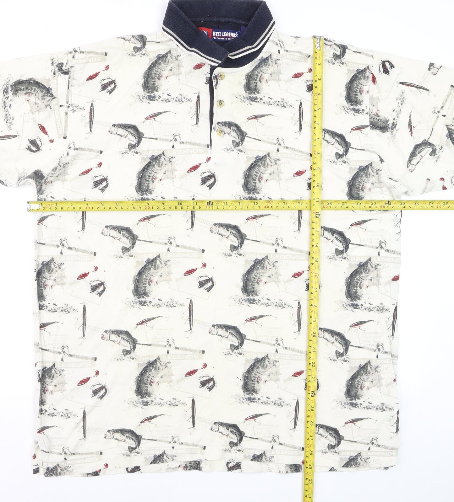 Reel Legends Men's Beige Fishing Print Cotton Polo Shirt L