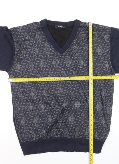 Gestoff Men's Blue Argyle V-Neck Pullover Jumper Size M