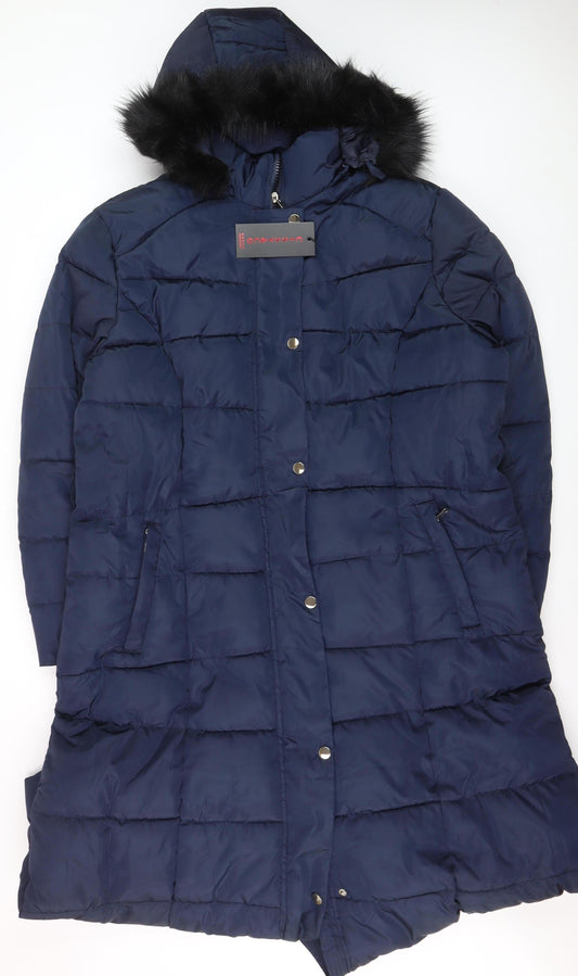 CISSY&CO Women's Blue Long Puffer Coat Size 28 Hooded Fur Trim