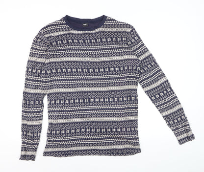 Cotton Traders Men's Blue Fair Isle Long Sleeve Cotton Top L
