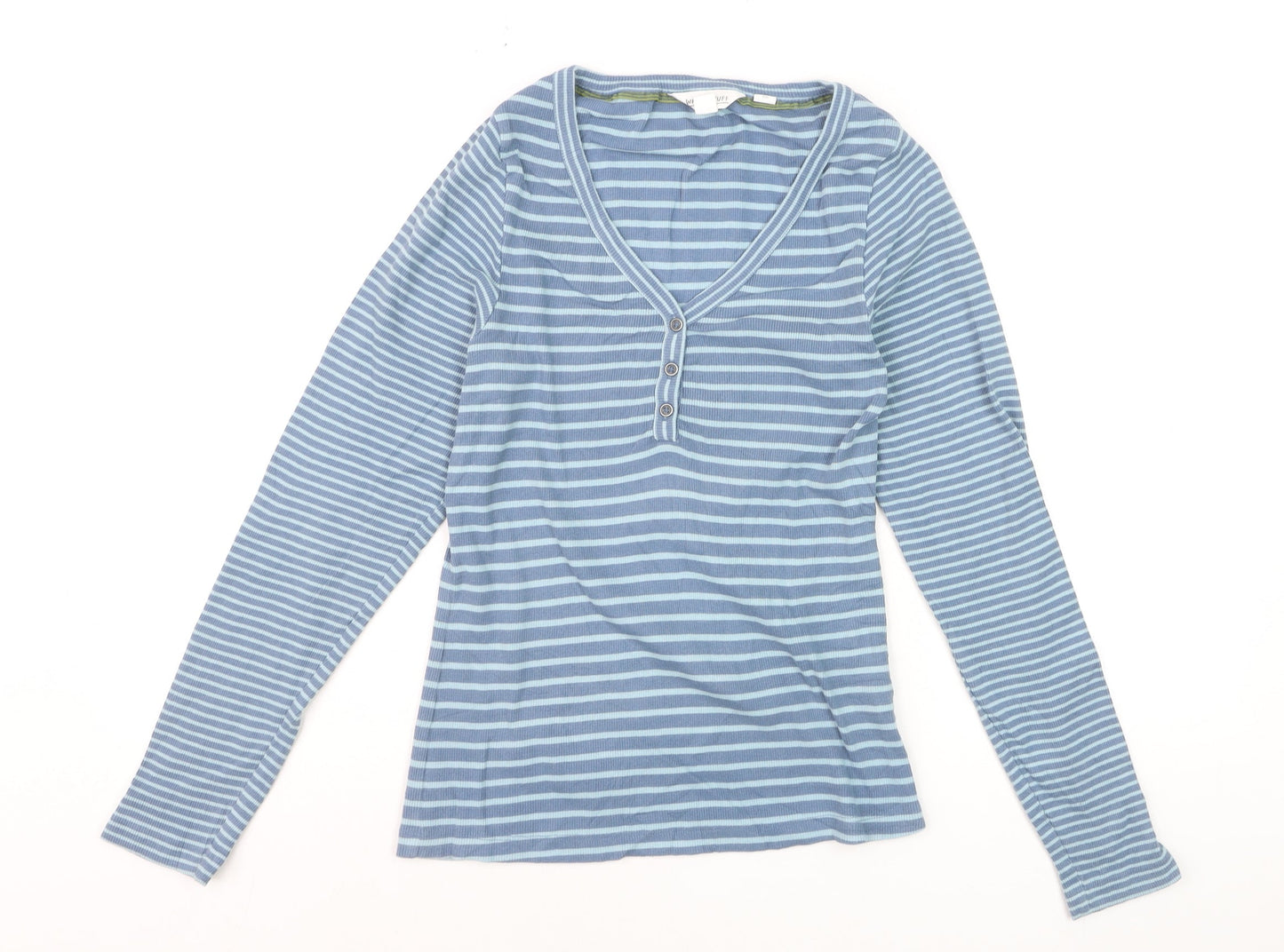 White Stuff Women’s Blue Striped Long Sleeve V-Neck Cotton T-Shirt Size 10