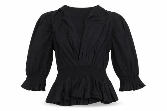 Zara Women Black XS Wrap Blouse Puff Sleeve V-Neck Ruffle Hem