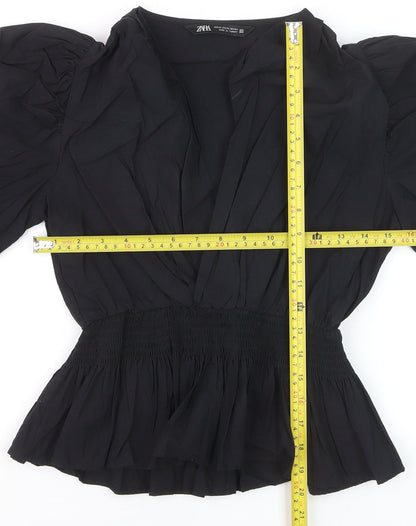 Zara Women Black XS Wrap Blouse Puff Sleeve V-Neck Ruffle Hem