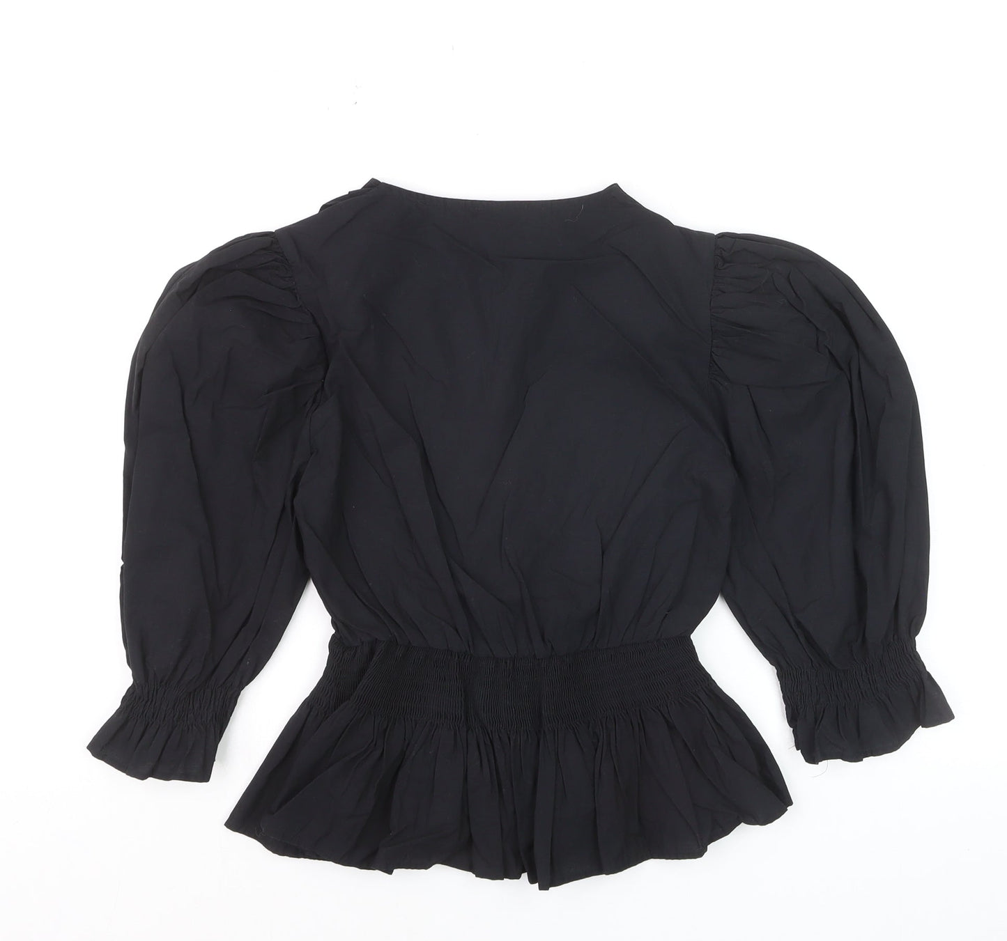 Zara Women Black XS Wrap Blouse Puff Sleeve V-Neck Ruffle Hem