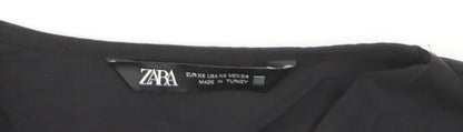 Zara Women Black XS Wrap Blouse Puff Sleeve V-Neck Ruffle Hem