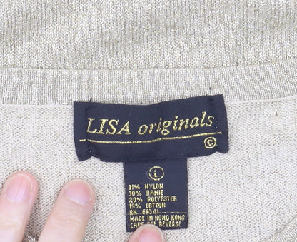 LISA Originals Womens Beige Metallic Knit Short Sleeve T-Shirt Size L