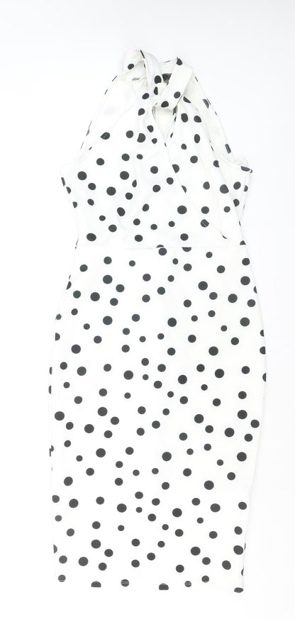 Lipsy Women White Polka Dot Halter Bodycon Knee Length Dress Size 10