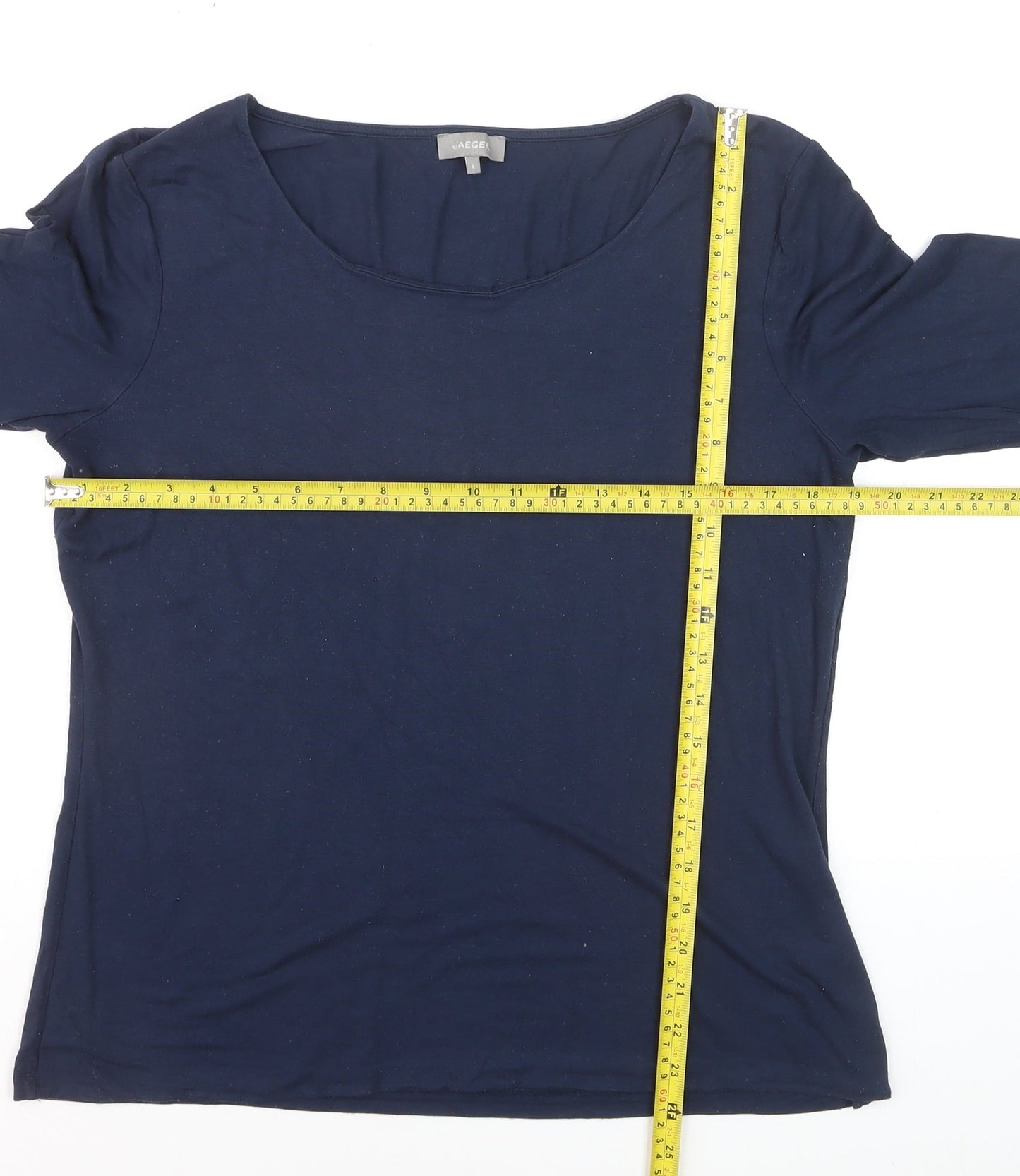 Jaeger Women's Blue Jersey 3/4 Sleeve Scoop Neck Top Size L