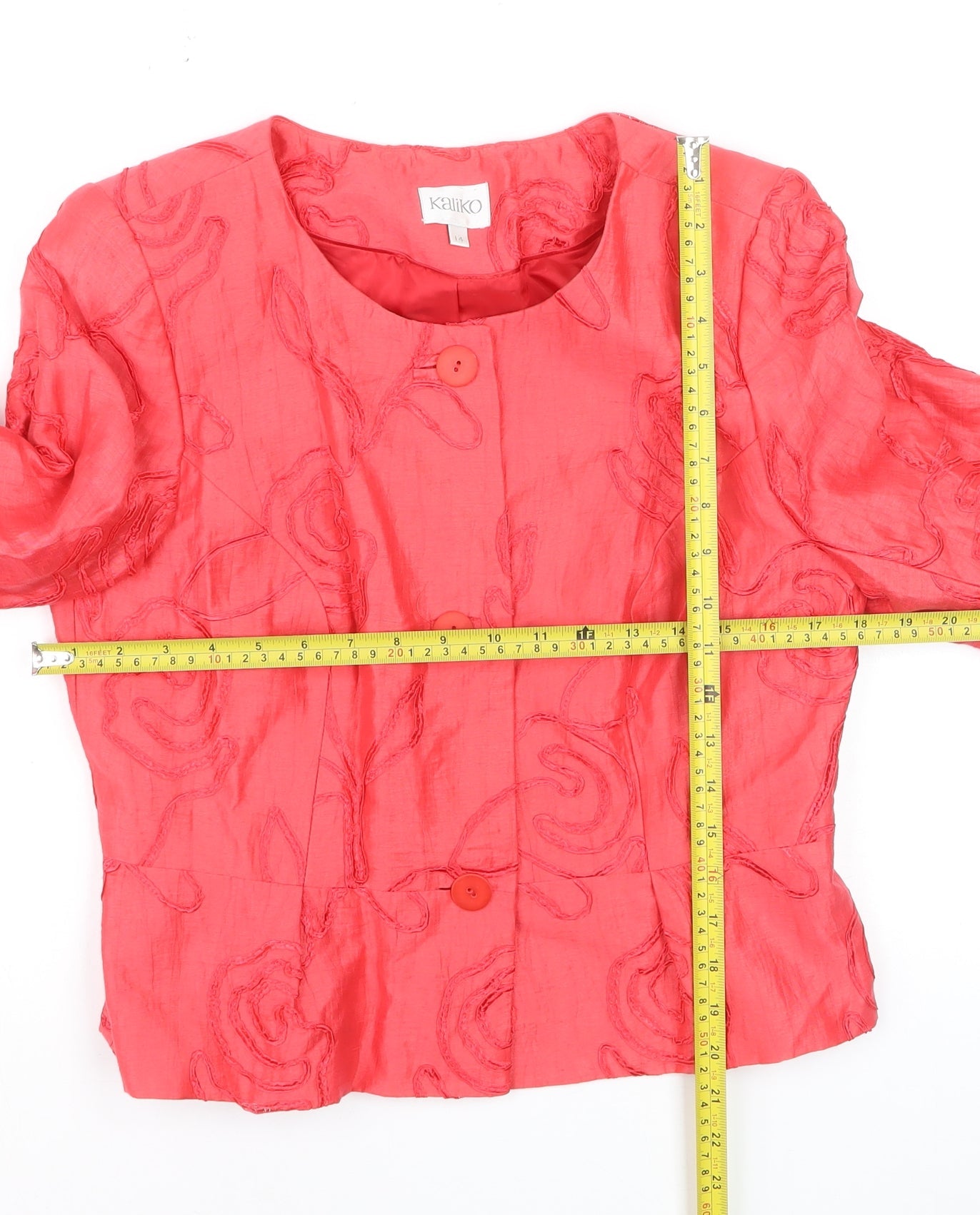 Kaliko Women Red Linen Blend Floral Jacket Size 14 3/4 Sleeve