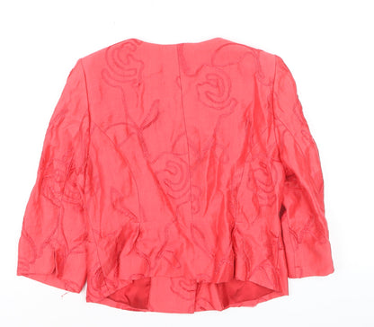 Kaliko Women Red Linen Blend Floral Jacket Size 14 3/4 Sleeve