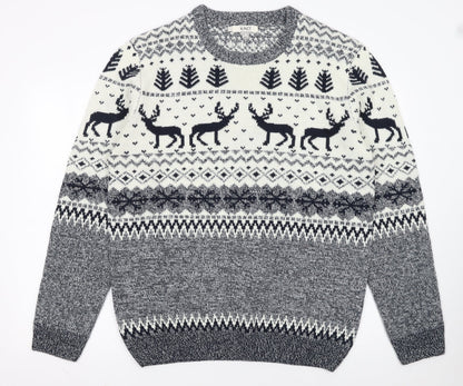 Xact Men’s Beige Fair Isle Reindeer Winter Crew Neck Jumper 2XL