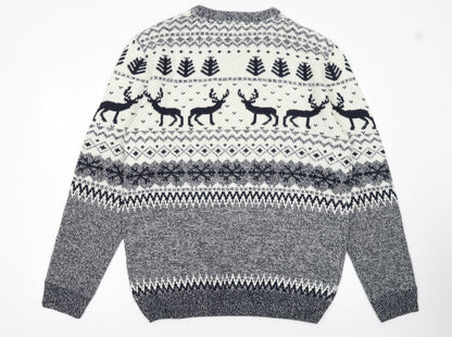 Xact Men’s Beige Fair Isle Reindeer Winter Crew Neck Jumper 2XL