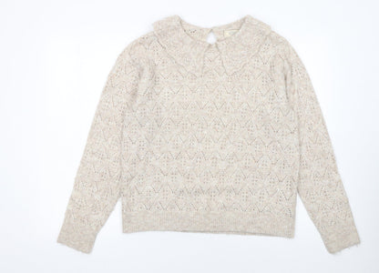 Fat Face Women Beige Collared Open-Knit Alpaca Jumper Size 14