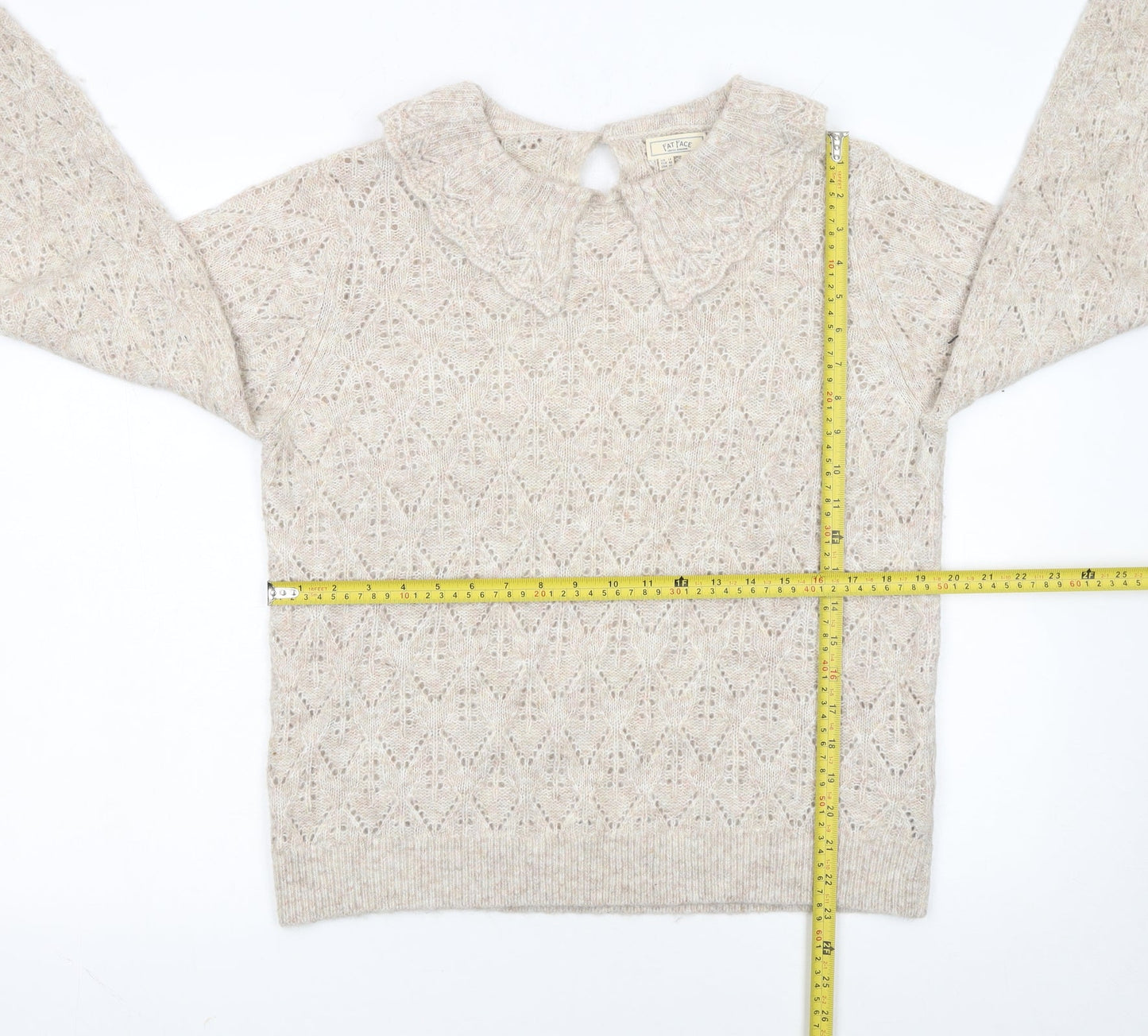 Fat Face Women Beige Collared Open-Knit Alpaca Jumper Size 14