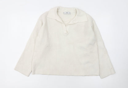MNG Women's Ivory Collared Ribbed Pullover Jumper L