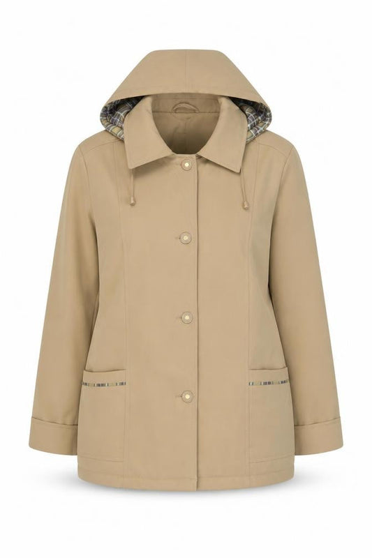 Damart Women's Beige Hooded Mid-Length Rain Coat Size 18