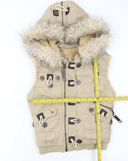 River Island Women’s Beige Faux Fur Hooded Cotton Waistcoat Size 10