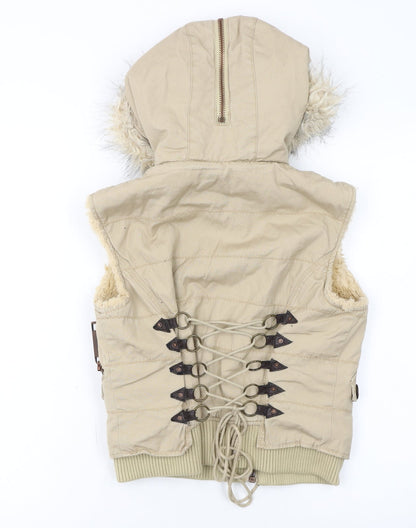 River Island Women’s Beige Faux Fur Hooded Cotton Waistcoat Size 10