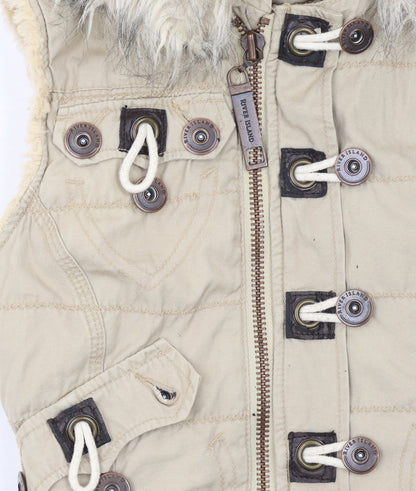 River Island Women’s Beige Faux Fur Hooded Cotton Waistcoat Size 10