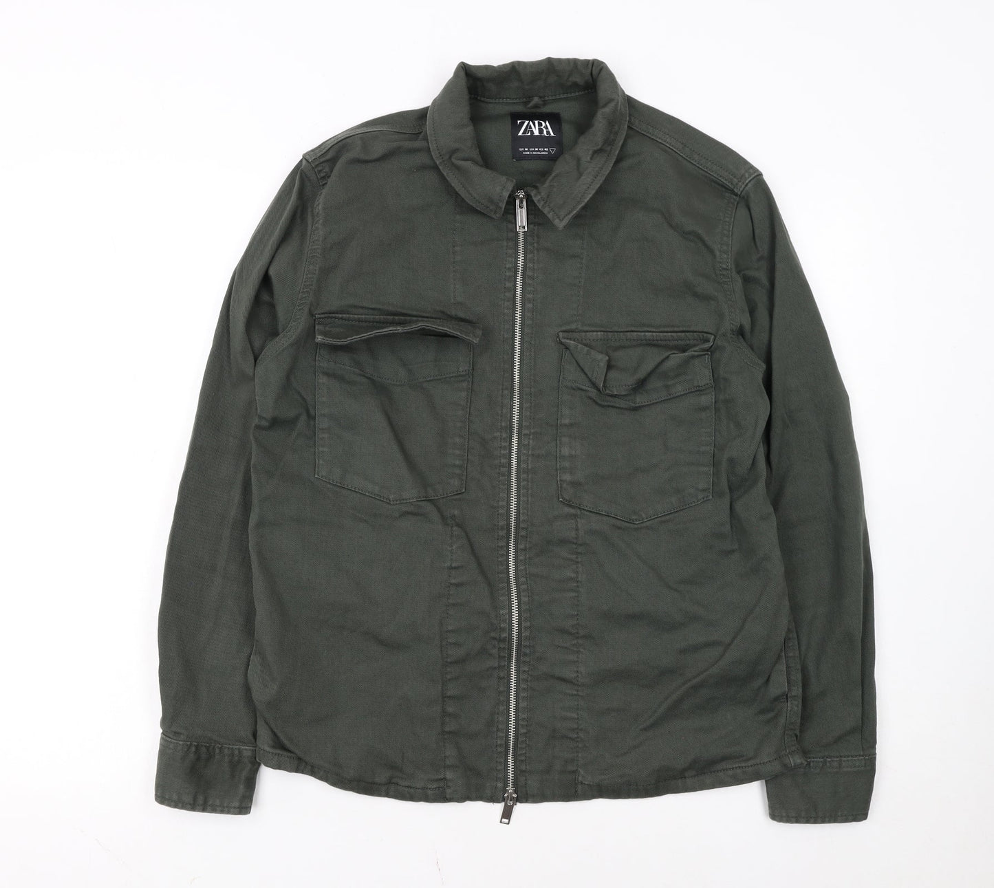 ZARA Women Green Cotton Twill Zip Military Jacket Size M