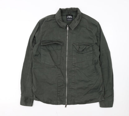 ZARA Women Green Cotton Twill Zip Military Jacket Size M