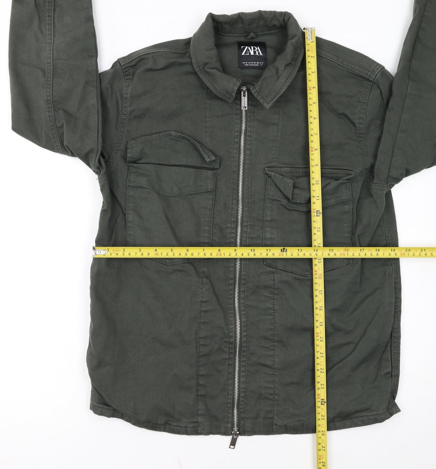 ZARA Women Green Cotton Twill Zip Military Jacket Size M