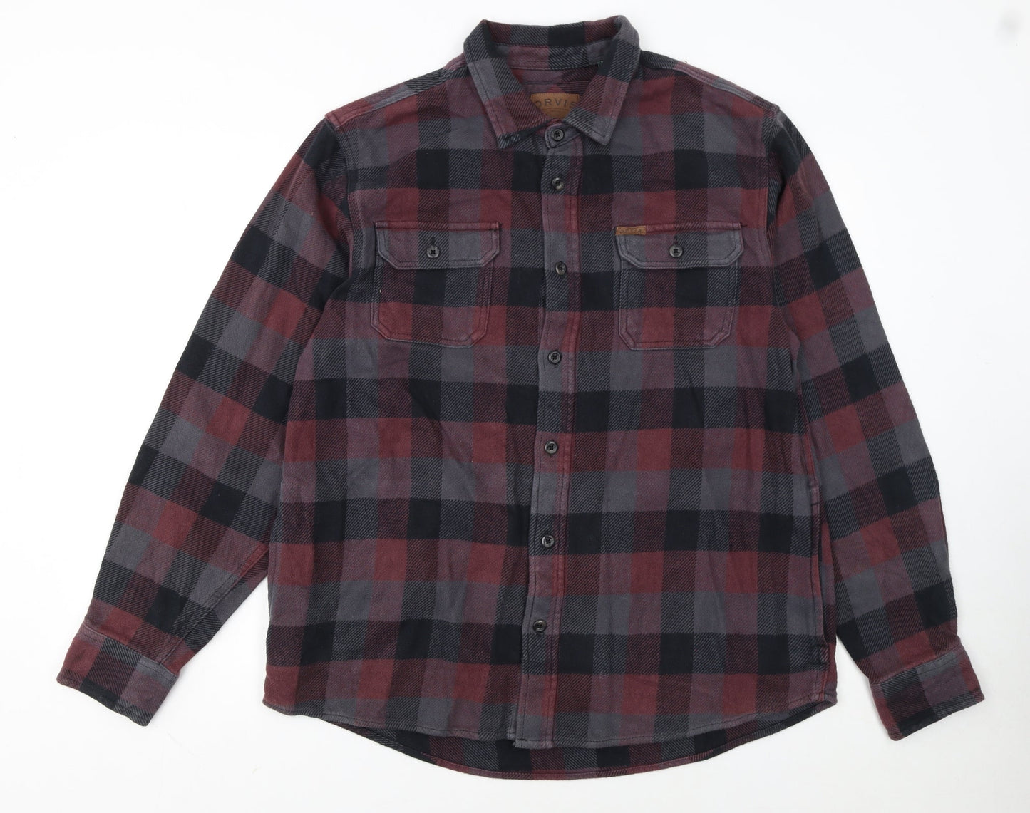 Orvis Men's Red Check Flannel Button-Up Shirt Size L Regular Fit