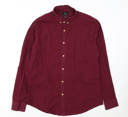 Moss London Men's Red Check Slim Fit Long Sleeve Button-Up Shirt Size L