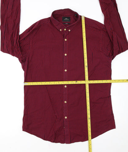 Moss London Men's Red Check Slim Fit Long Sleeve Button-Up Shirt Size L