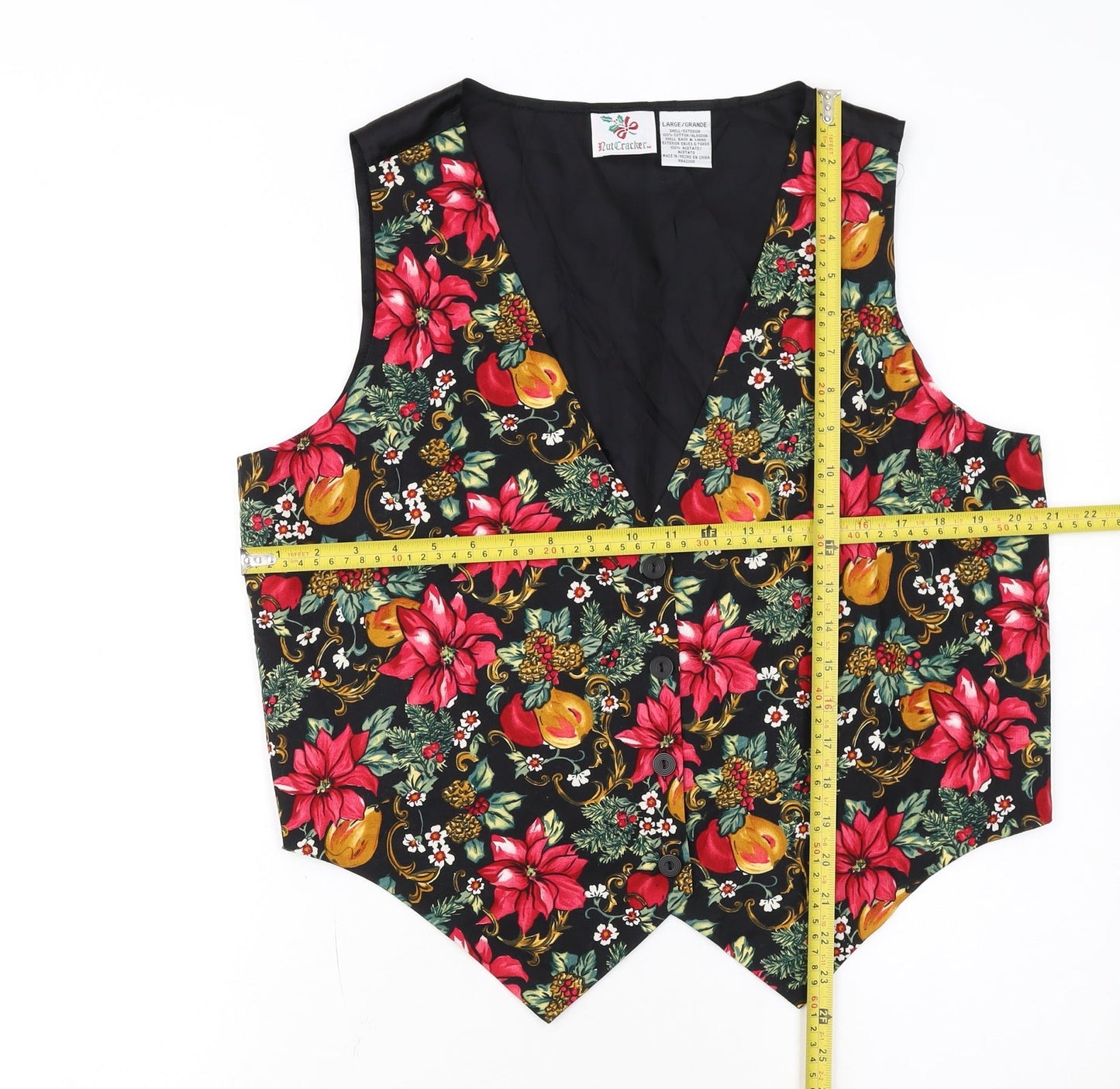 Nutcracker Womens Black Floral Christmas Waistcoat Size L Cotton