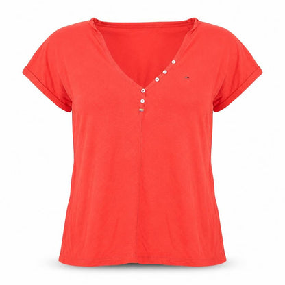 Hilfiger Denim Women's Red Cotton V-Neck Button Short Sleeve T-Shirt M