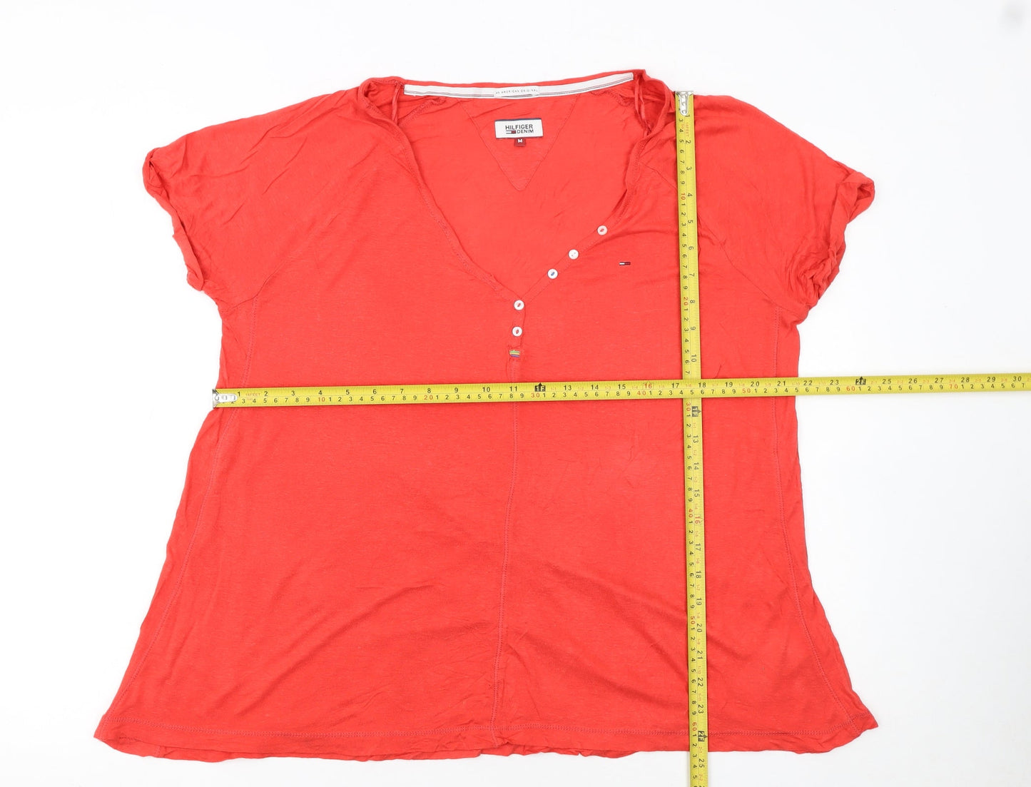Hilfiger Denim Women's Red Cotton V-Neck Button Short Sleeve T-Shirt M