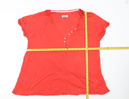 Hilfiger Denim Women's Red Cotton V-Neck Button Short Sleeve T-Shirt M