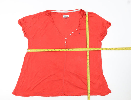 Hilfiger Denim Women's Red Cotton V-Neck Button Short Sleeve T-Shirt M