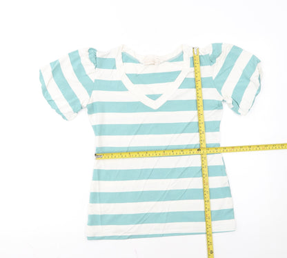 Cocomore Women's Blue Striped V-Neck Puff Sleeve T-Shirt Size 8