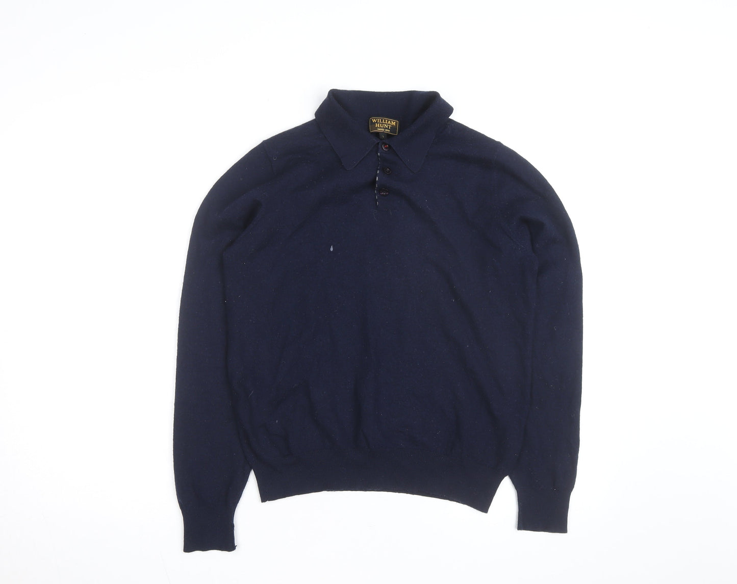 William Hunt Men’s Blue Wool Blend Collared Henley Jumper Size L