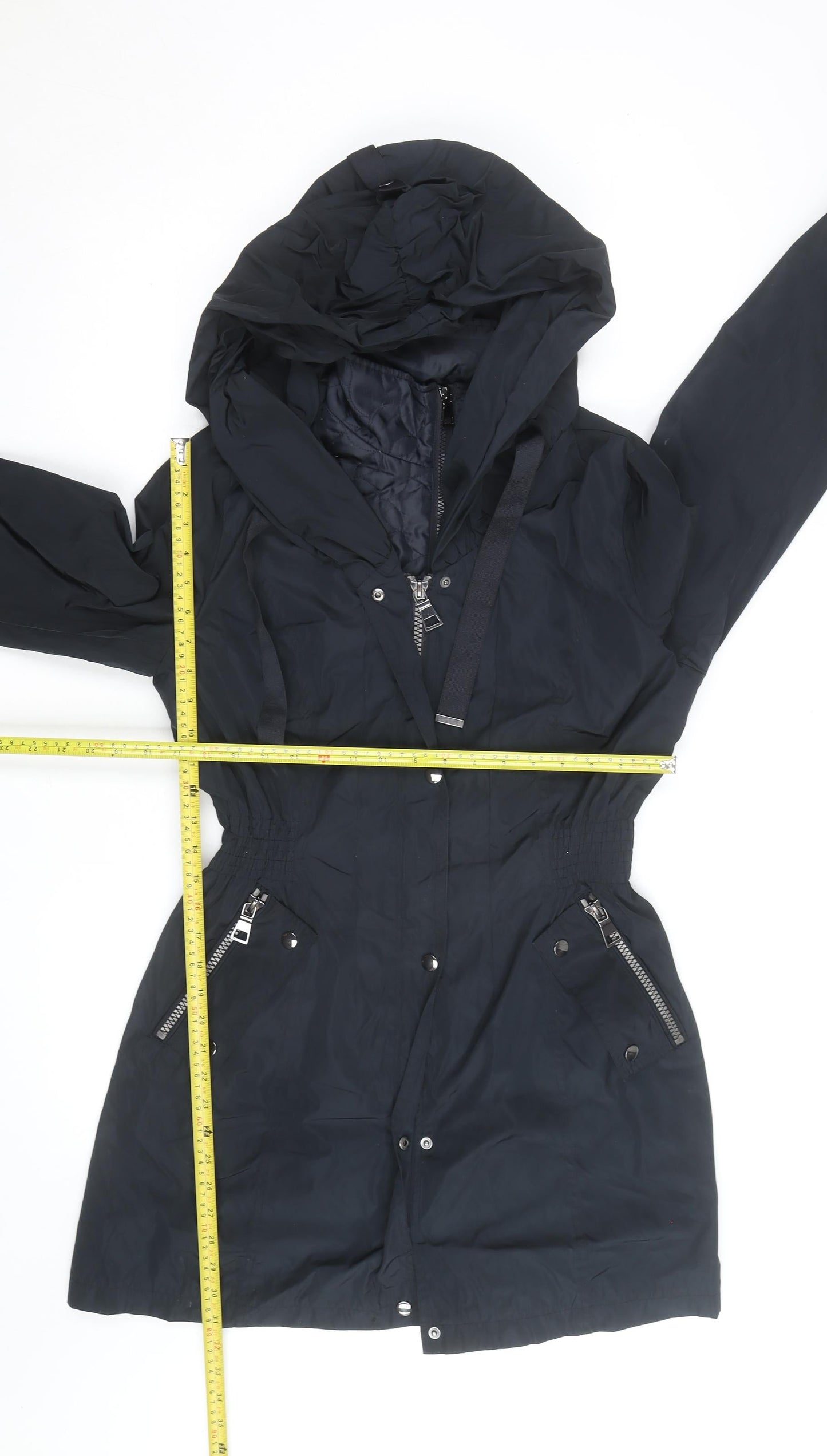 Next Women’s Black Hooded Parka Coat Size 14 Mid-Length Zip Detail