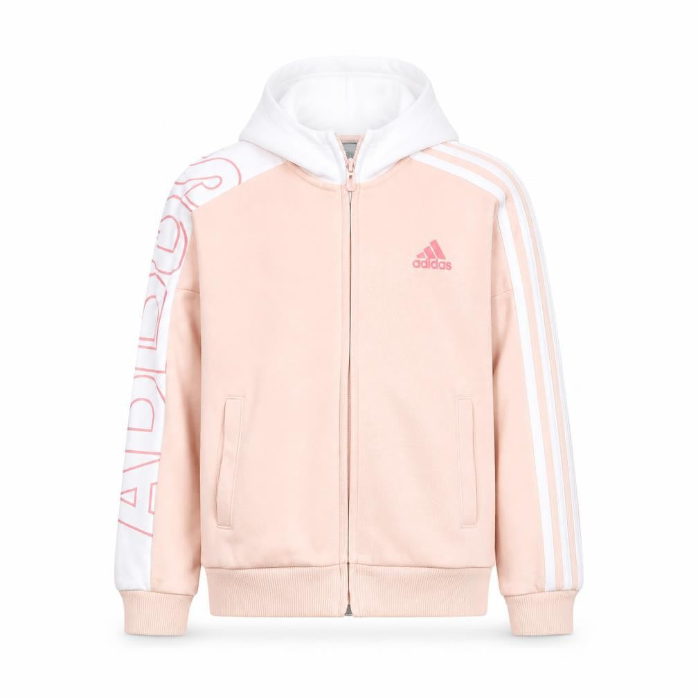 Front view of Adidas girls’ pink full zip hoodie, size 10, years sports hooded top