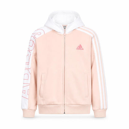 Front view of Adidas girls’ pink full zip hoodie, size 10, years sports hooded top