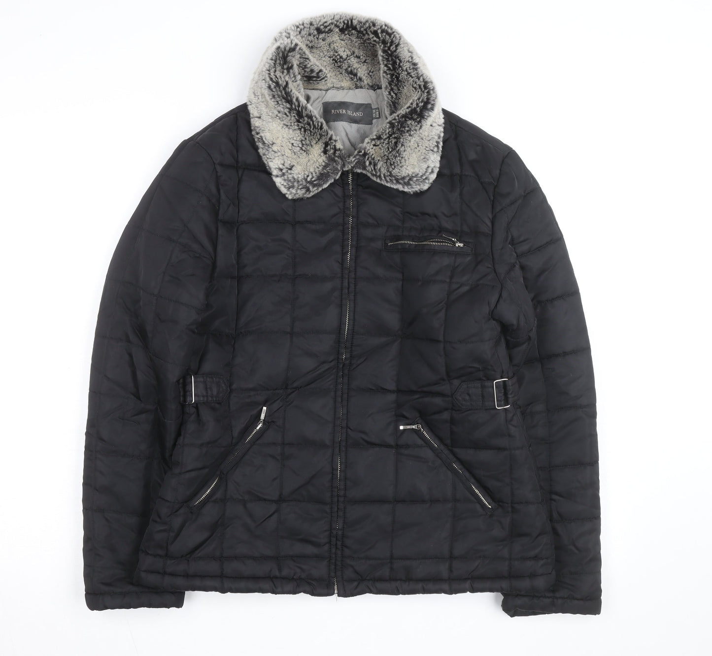 River Island Women Black Faux Fur Collar Quilted Jacket Size 10