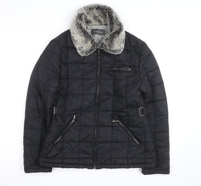 River Island Women Black Faux Fur Collar Quilted Jacket Size 10
