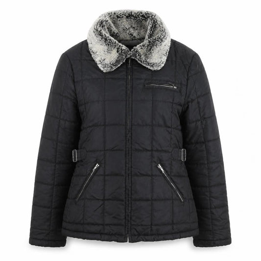 River Island Women Black Faux Fur Collar Quilted Jacket Size 10