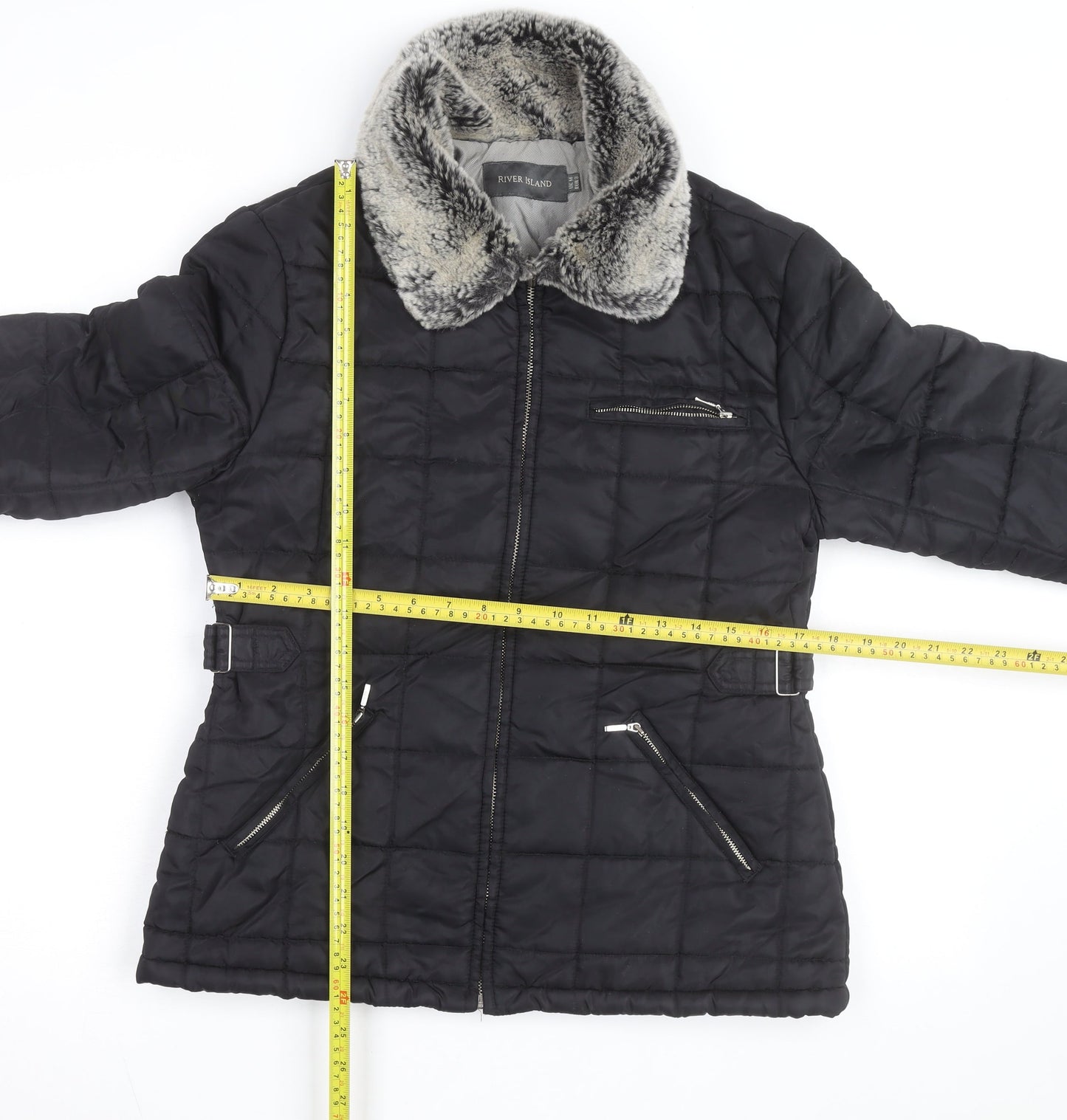 River Island Women Black Faux Fur Collar Quilted Jacket Size 10
