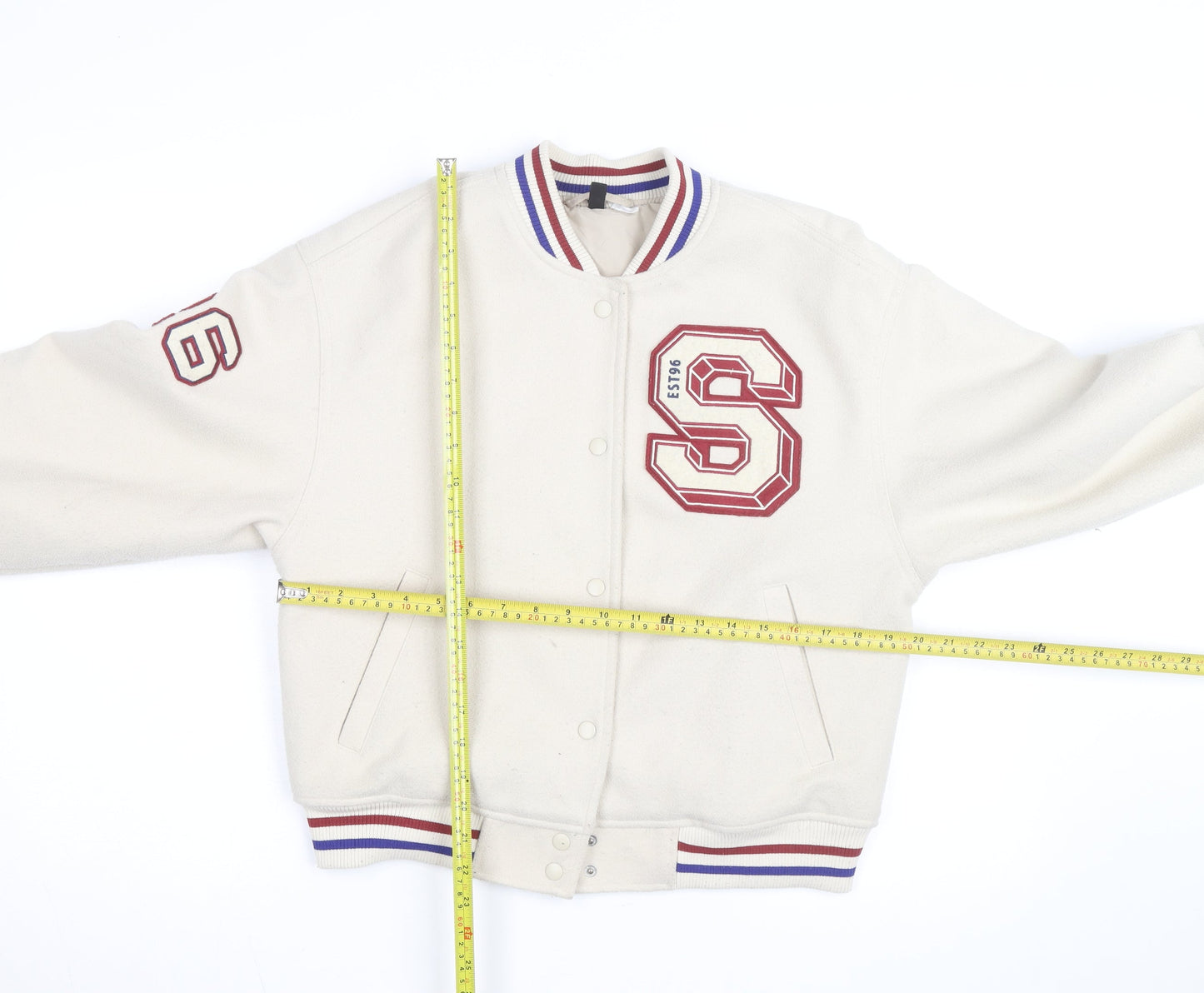 H&M Divided Men Ivory Varsity Jacket Size S Polyester College Style