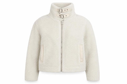 Miss Selfridge Women Ivory Faux Fur Belted Bomber Jacket Size 12