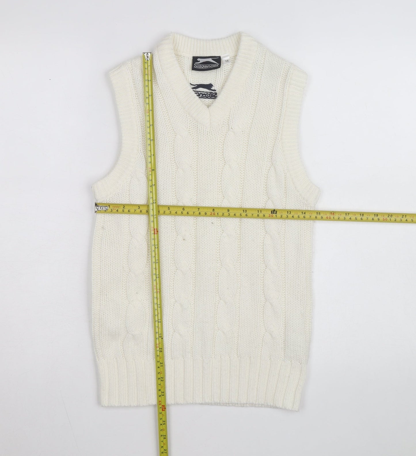 Slazenger Women's Ivory Cable Knit Sleeveless V-Neck Vest Jumper Size 13